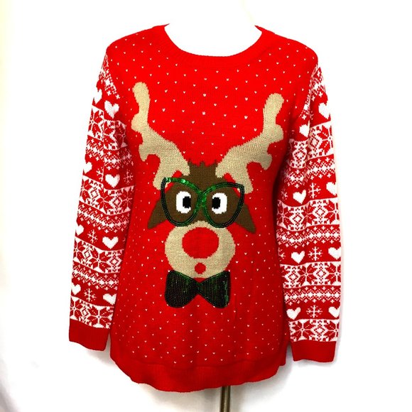 Ugly Christmas Sweater Red knit w/ Reindeer by Absolutely Famous EUC - Picture 1 of 12